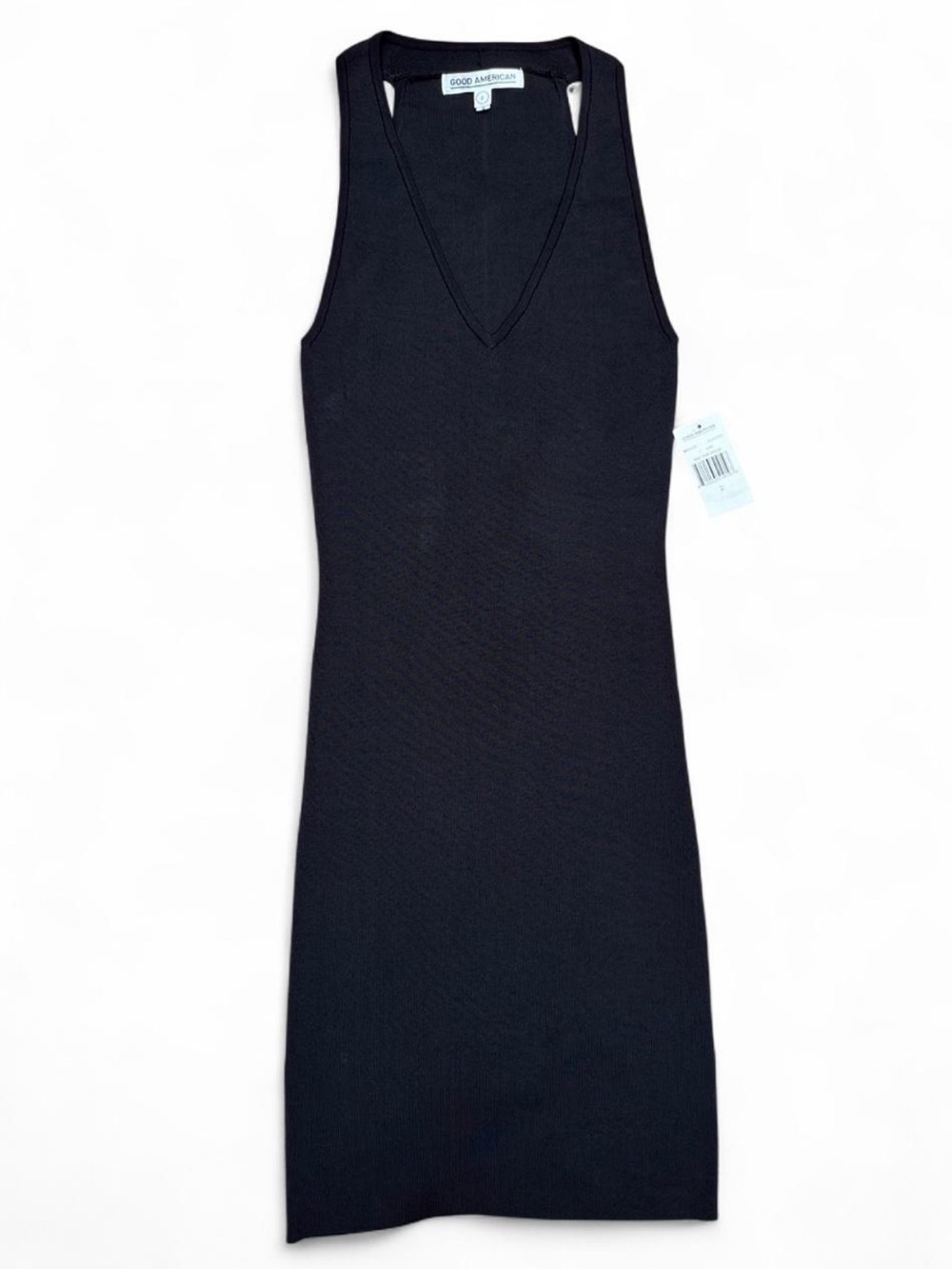 Good American Thick Ribbed V-Neck Bodycon Sleeveless Black Mini Dress Racerback